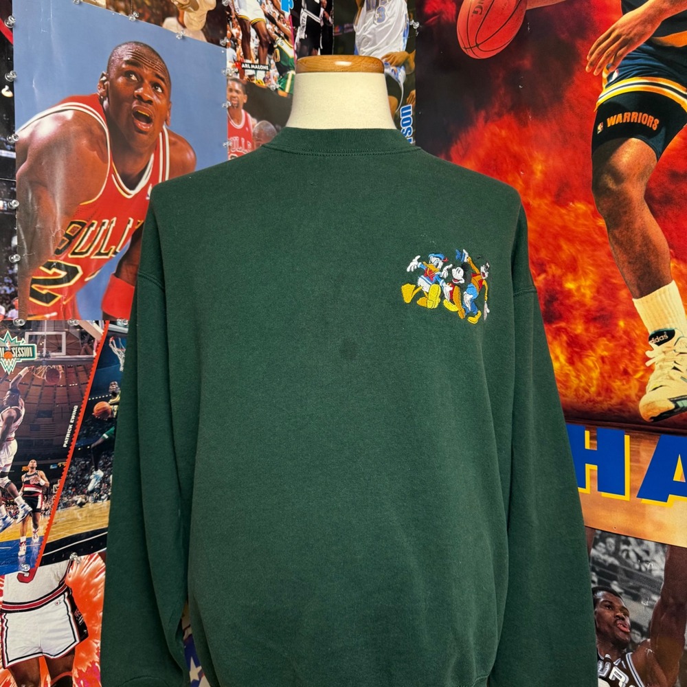 Vintage 90s Disney Mickey Donald Goofy Embroidered Green Sweatshirt Sz 2XL